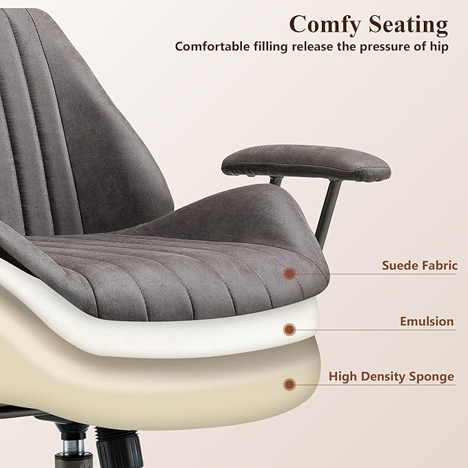 Mid Century Modren Office Chair - Fuax Leather Suede Brown Executive Chairs Ergonomic Mid Back with Lumbar Support, Swivel Computer Desk Task Chair with Wheels for Home Office (Grey, Mid Back)