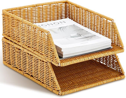 Yeaqee 2 Pcs Paper Tray Organizer for Desk Woven Letter File Organizer A4 File Tray Desk Paper Basket Letter Size Imitation Rattan Holder Organization Rack for Office Storage(Brown,Sleek Style)