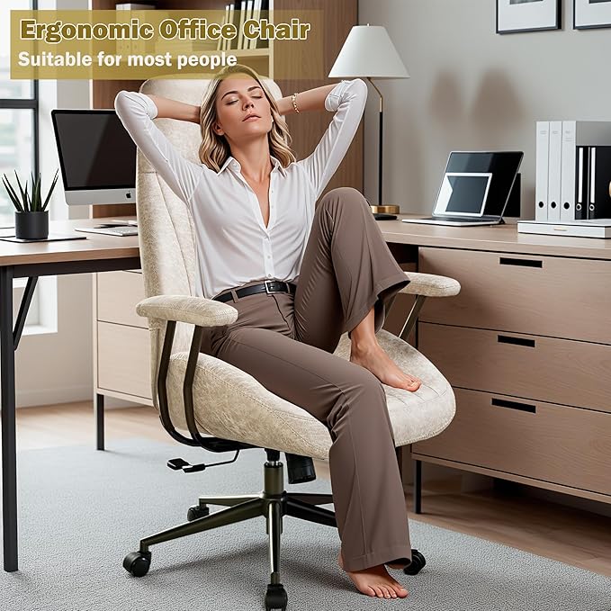 High Back Padded Headrest Office Chair, Suede Ergonomic Executive Office Chair with Lumbar Support, Adjustable Height Home Office Desk Chair with Armrests, Rolling Swivel Computer Gaming Chair, Beige