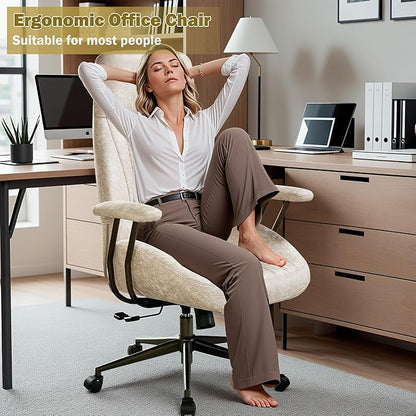 High Back Padded Headrest Office Chair, Suede Ergonomic Executive Office Chair with Lumbar Support, Adjustable Height Home Office Desk Chair with Armrests, Rolling Swivel Computer Gaming Chair, Beige