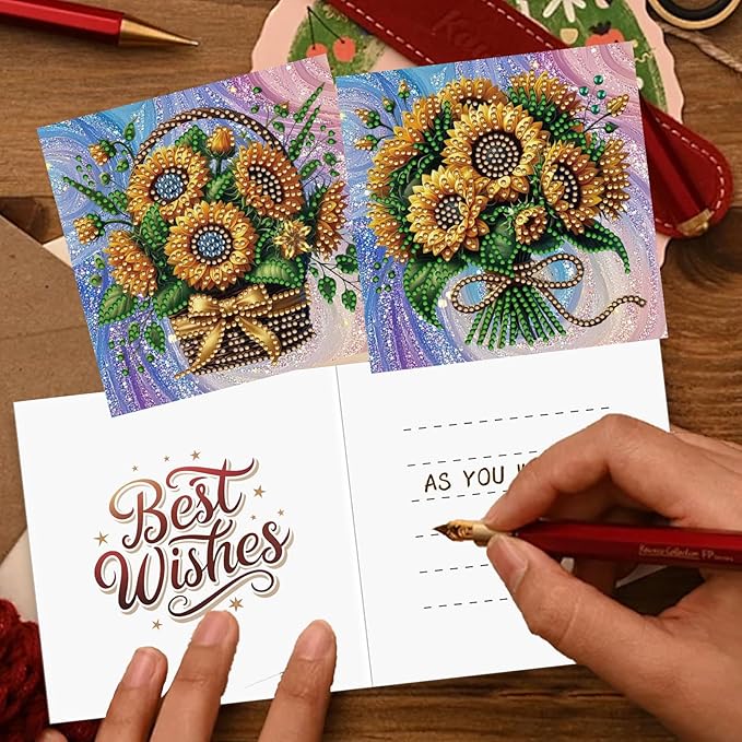 jinglinhh 12pcs Sunflower Basket Diamond Art Painting Greeting Cards with Envelopes, DIY Card Making Kits for Adults, Diamond Art Christmas Cards for Birthday Holiday Postcards Craft Gifts