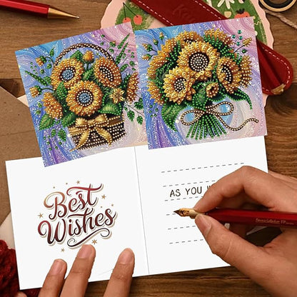 jinglinhh 12pcs Sunflower Basket Diamond Art Painting Greeting Cards with Envelopes, DIY Card Making Kits for Adults, Diamond Art Christmas Cards for Birthday Holiday Postcards Craft Gifts