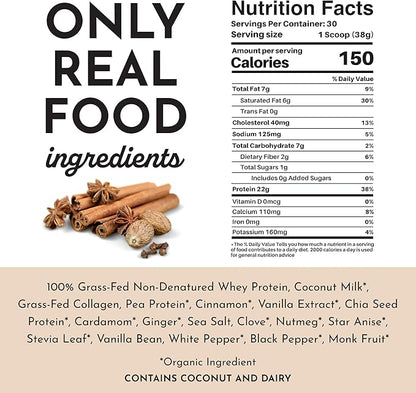 JUST INGREDIENTS Chai Protein Powder – 30-Serving Blend with 100% Grass-Fed Whey & Organic Plant Proteins – Warm Spice Flavor with Cinnamon, Ginger & Cardamom – Supports Muscle Recovery, Energy*