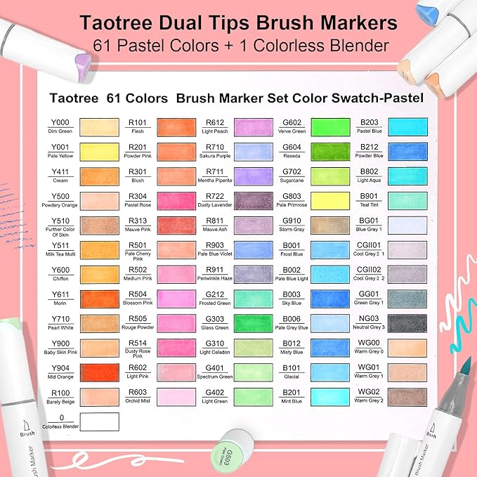 Taotree Alcohol Markers Brush Tip, 61 Pastel Colors Brush Markers Dual Tip Coloring Markers Pens, Brush & Fine Tip Sketch, Drawing Art Supplies Gift for Artist Adult Coloring Book Painting, Sketching