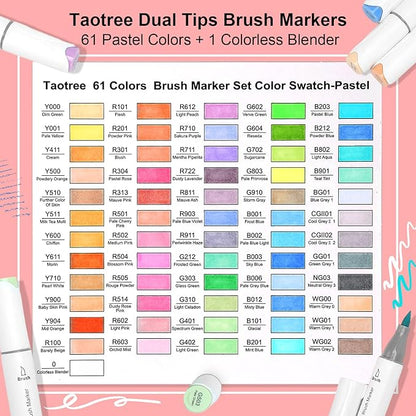 Taotree Alcohol Markers Brush Tip, 61 Pastel Colors Brush Markers Dual Tip Coloring Markers Pens, Brush & Fine Tip Sketch, Drawing Art Supplies Gift for Artist Adult Coloring Book Painting, Sketching