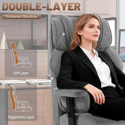 Vonesse Big and Tall Office Chair, Computer Chair with Soft Adjustable Armrests, Ergonomic Gaming Chair with Breathable Linen Design, Executive Chairs with Footrest (Linen Fabric, Dark Gray)