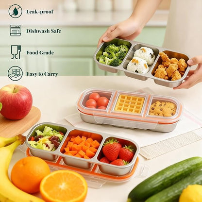 QCQHDU Snack Containers, Reusable Stainless Steel 3 Compartment Condiment Metal Bento Lunch Box with Lids, Divided Snack Food Storage Lunchable Containers for Home, Work, Travel, Camping, 5 Pack