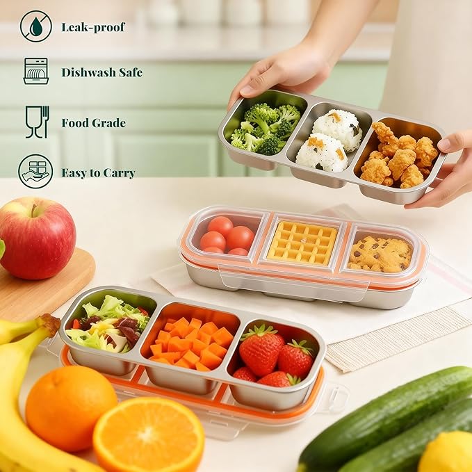 QCQHDU Snack Containers, Reusable Stainless Steel 3 Compartment Condiment Metal Bento Lunch Box with Lids, Divided Snack Food Storage Lunchable Containers for Home, Work, Travel, Camping, 3 Pack