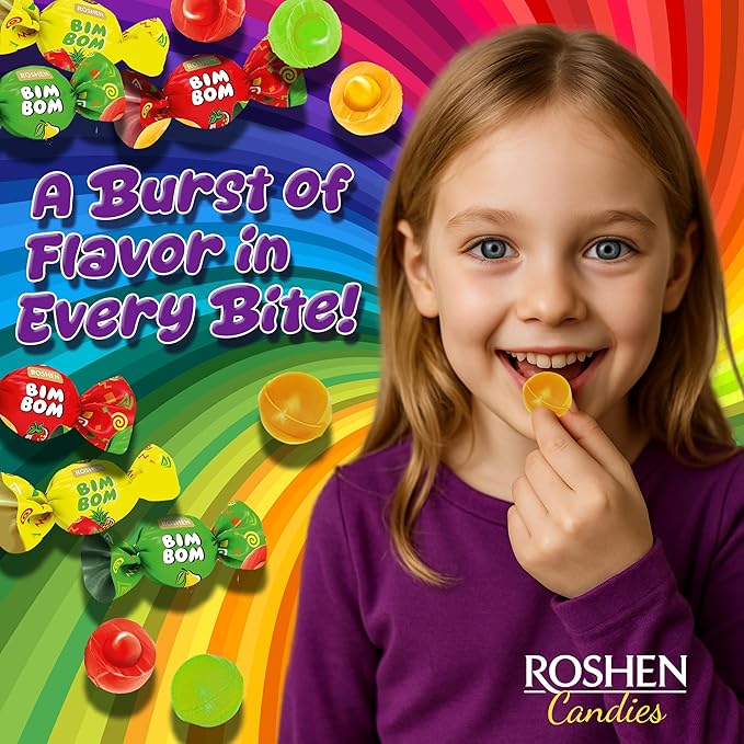 Roshen Bim Bom Hard Candy with Fruit Flavor Filling Kosher and Halal, Delicious, Flavorful Hard Sweets Bulk Candy 1kg/2.2lbs