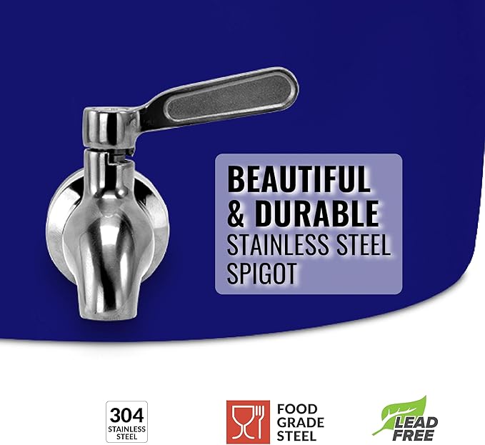 Geo Sports Porcelain Ceramic Crock Water Dispenser, 8 Inch Wood Stand, Stainless Steel Faucet, Valve Included. Fits 3 to 5 Gallon Jugs. (Blue)