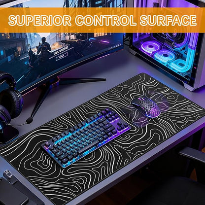3 Pcs Large Gaming Mouse Pad 31.5 x 11.8in,Anti-Slip Rubber Base Mousepad, XL Keyboard Mouse Mat for Home/Office, Black with White Topographic Line