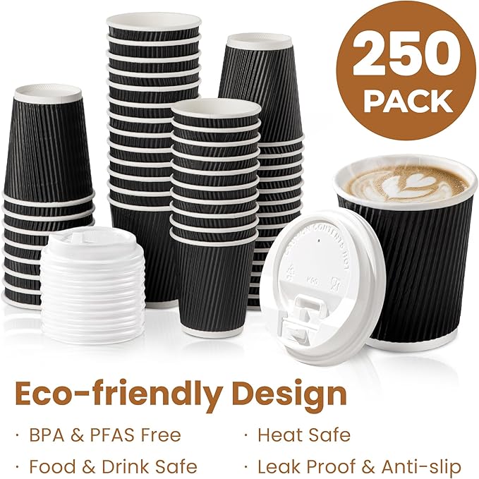 Fit Meal Prep 250 Pack 8 oz Black Disposable Coffee Cups with Lids & Stirrers, Corrugated Triple Wall To Go Hot Cups, Insulated Paper Coffee Cups for Hot Beverages, Travel, Home, Office (White Lids)