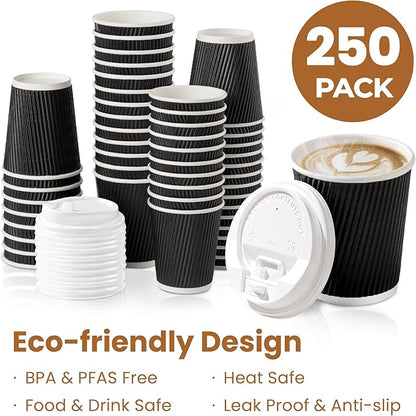 Fit Meal Prep 250 Pack 8 oz Black Disposable Coffee Cups with Lids & Stirrers, Corrugated Triple Wall To Go Hot Cups, Insulated Paper Coffee Cups for Hot Beverages, Travel, Home, Office (White Lids)