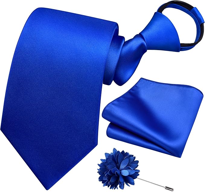 Branduce 3.15"（8cm） Pre-tied Adjustable Zipper Tie and Lapel Pin Solid Necktie Handkerchief Set for Men