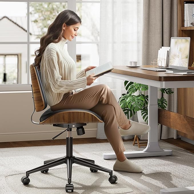 Armless Office Chair, Mid Century Modern Desk Chair with Walnut Wood Back & SGS Level 3 Gas Lift, Swivel PU Leather Computer Chair for Small Space, Home Office, 300lbs Cap, Black Set of 2