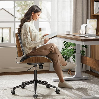 Armless Office Chair, Mid Century Modern Desk Chair with Walnut Wood Back & SGS Level 3 Gas Lift, Swivel PU Leather Computer Chair for Small Space, Home Office, Bedroom, 300lbs Cap, Black