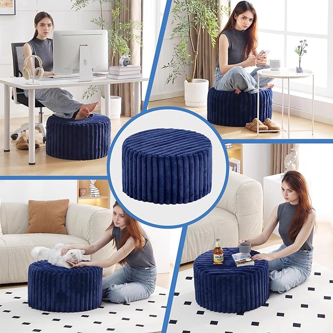 Tiita Round Stuffed Pouf Ottoman, Stripe Faux Fur Poufs with Foam Chunk Filling, Furry and Fluffy Pouf 21×21×12 inch Foot Stool Storage Ottoman,Puff Office Foot Rest for Couch Living Room, Navy Blue