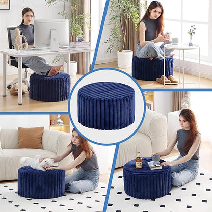 Tiita Round Stuffed Pouf Ottoman, Stripe Faux Fur Poufs with Foam Chunk Filling, Furry and Fluffy Pouf 21×21×12 inch Foot Stool Storage Ottoman,Puff Office Foot Rest for Couch Living Room, Navy Blue