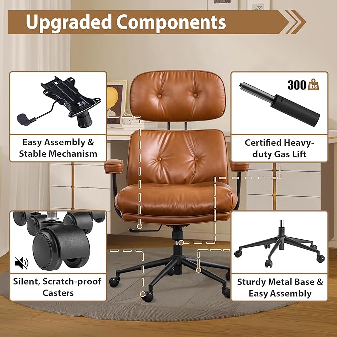 Ergonomic High Back Office Chair, PU Leather Home Office Desk Chairs with Wheels, Lumbar Support Swivel Computer Chair with Rocking Function, Brown