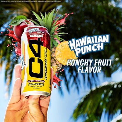 C4 Energy Drink, Hawaiian Punch Fruit Juicy Red, Carbonated Sugar Free Pre Workout Performance Drink with no Artificial Colors or Dyes, 16oz Pack of 24