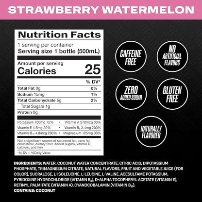 PRIME Hydration STRAWBERRY WATERMELON, Sports Drinks, Electrolyte Enhanced for Replsnishing Fluids, 250mg BCAAs, B Vitamins, Antioxidants, Low Sugar, 16.9 Fl Oz, 12 Pack