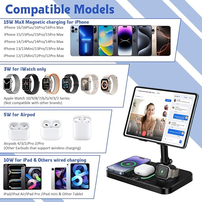 6-in-1 Wireless Charging Station for Apple Products with Clock, 7-Color RGB and Foldable,30W Multiple Devices Wireless Charging Stand for iPad Stand, for iphone17, for AirPods, for Apple Watch