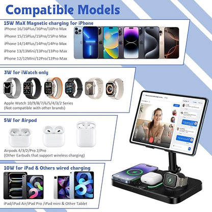 6-in-1 Wireless Charging Station for Apple Products with Clock, 7-Color RGB and Foldable,30W Multiple Devices Wireless Charging Stand for iPad Stand, for iphone17, for AirPods, for Apple Watch