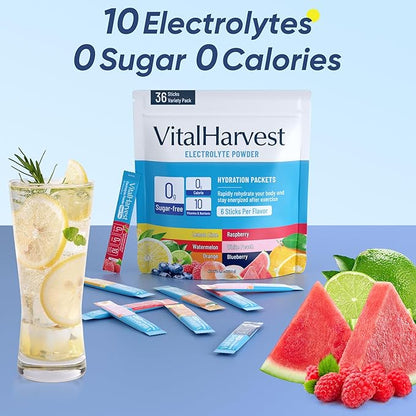 VitalHarvest 36 Sticks Electrolytes Powder Packets 6 Flavors Sugar Free Hydration Packets Electrolyte Liquid Daily IV Drink Mix with Lemon Lime, Watermelon, Orange, Raspberry, White Peach, Blueberry