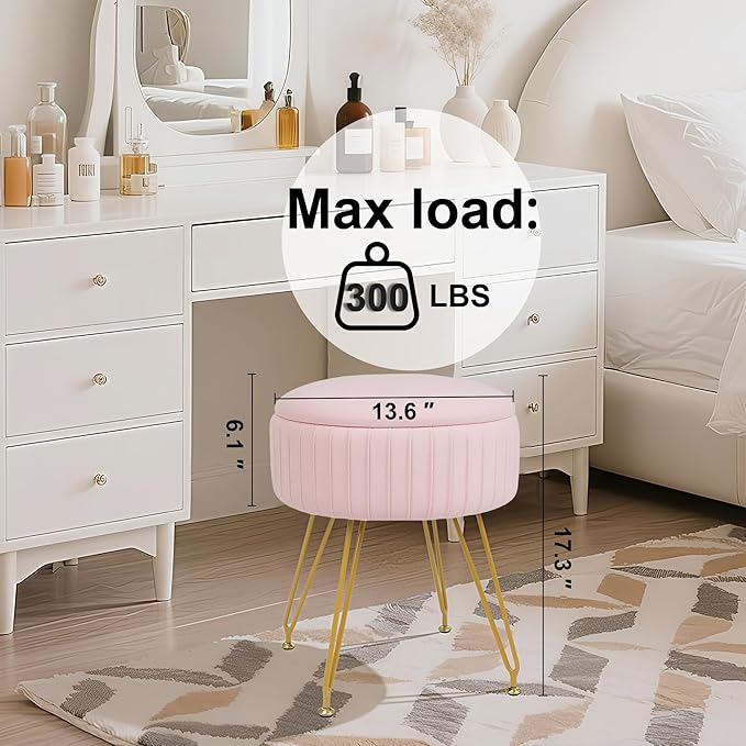 Round Vanity Stool with Storage Ottoman,Vanity Chair for Makeup Room with Removable Cover, Small Footrest Ottoman for Home, Living Room, Bedroom (Pink)