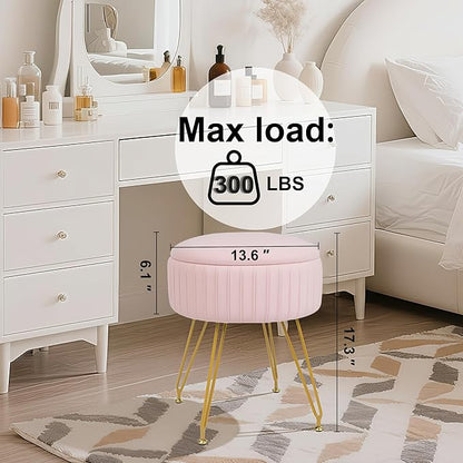 Round Vanity Stool with Storage Ottoman,Vanity Chair for Makeup Room with Removable Cover, Small Footrest Ottoman for Home, Living Room, Bedroom (Pink)