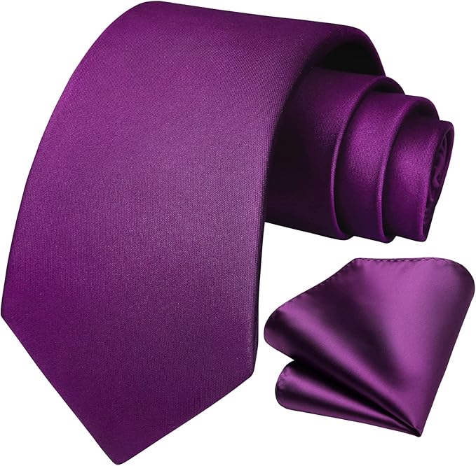 HISDERN Mens Solid Color Ties Formal Satin Necktie and Pocket Square Set Classic Wedding Business Tie & Handkerchief