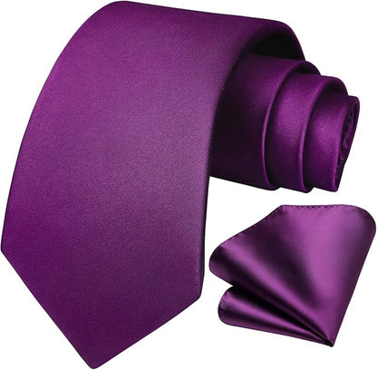HISDERN Mens Solid Color Ties Formal Satin Necktie and Pocket Square Set Classic Wedding Business Tie & Handkerchief