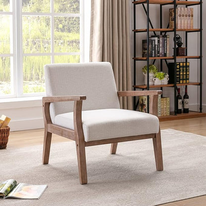 Wahson Comfy Living Room Chairs, Linen Upholstered Accent Chairs, Farmhouse Armchairs with Natural Wood Frame, Oversized Decorative Chair for Bedroom, Beige