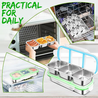 2 Pack Stainless Steel Snack Containers with Lids - Reusable 3 Compartment Snackle Box Container Divide Wet Dry Leakproof Metal Food Storage Containers for School, Home, Travel (Blue + Green)