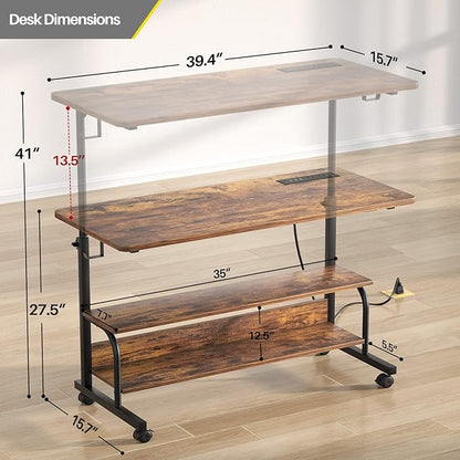 Height Adjustable Standing Desk with Power Outlets, 39" Manual Stand Up Desk with Storage Shelves Small Mobile Rolling Computer Desk Portable Laptop Table with Wheels for Home Office, Rustic