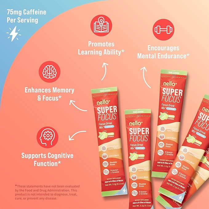 Nello SuperFocus Mojito with Caffeine– Nootropic Focus Drink Mix, 20 On-The-Go Packets, Alpha GPC, Lion’s Mane, Rhodiola, Sugar-Free