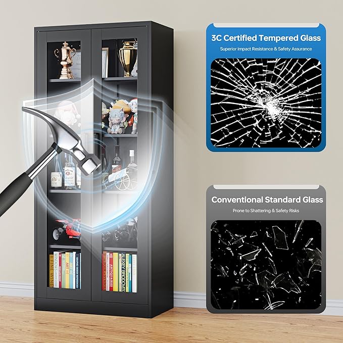 Display Storage Cabinet with Glass Door, 71 Inches Metal Curio Cabinet with 4 Adjustable Shelves, Locking Glass Display Case for Home, Office, Clinic, Pantry, Assemble Required (Black)