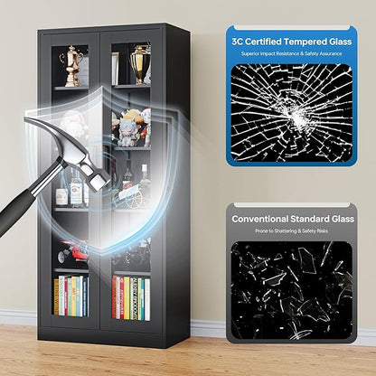 Display Storage Cabinet with Glass Door, 71 Inches Metal Curio Cabinet with 4 Adjustable Shelves, Locking Glass Display Case for Home, Office, Clinic, Pantry, Assemble Required (Black)