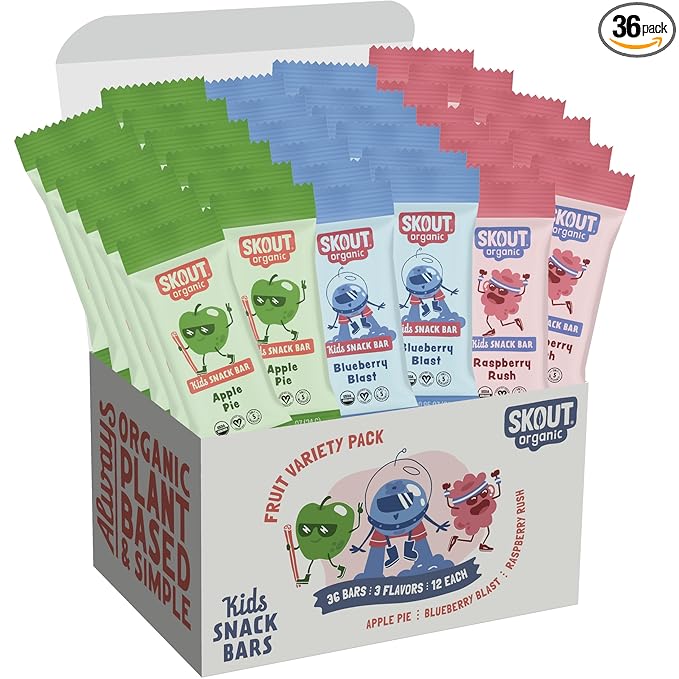 Skout Organic Real Food Bars for Kids Fruit Variety Pack (36 Pack) | Organic Snacks for Kids | Plant-Based Nutrition | No Refined Sugar | Vegan | Gluten, Dairy, Grain & Soy Free