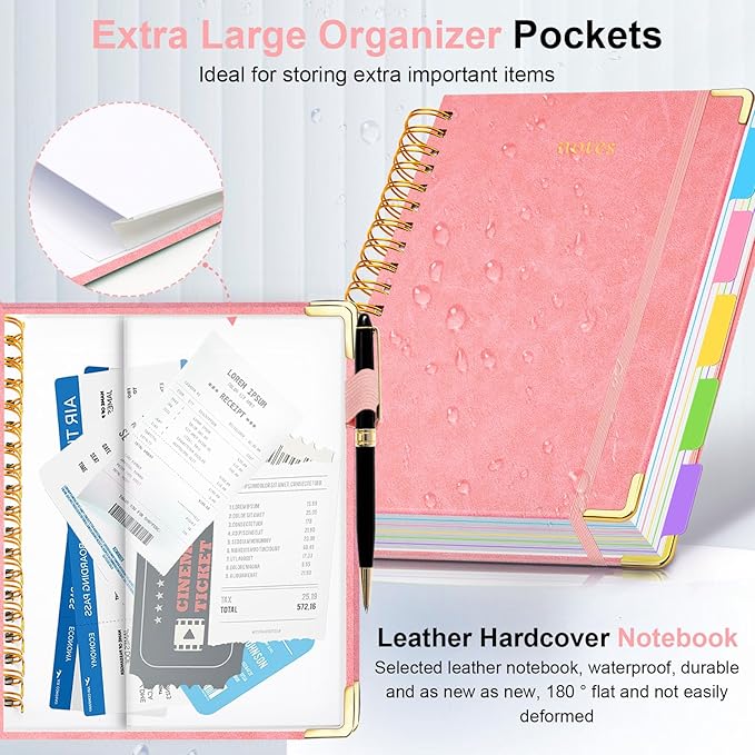 Hardcover Spiral Notebook 8.5"x11" Journal Notebook with Tabs and Removable Dividers 300 Pages 5 Subject Notebook College Ruled, Faux Leather Spiral Bound Notebook for Women School Work(Pink)