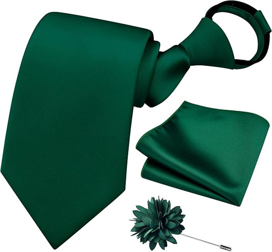 Branduce 3.15"（8cm） Pre-tied Adjustable Zipper Tie and Lapel Pin Solid Necktie Handkerchief Set for Men
