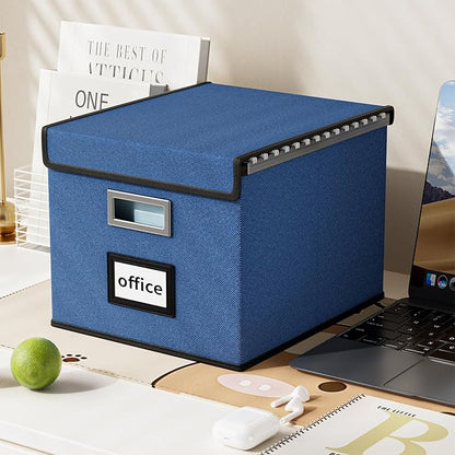 Huolewa Decorative File Organizer Box Office Document Storage with Lid, Portable Collapsible Linen Hanging Filing & Storage Boxes for Office/Decor/Home (Royal Blue) - 14.9 x 12.7 x 10.8 inch - 1Pack