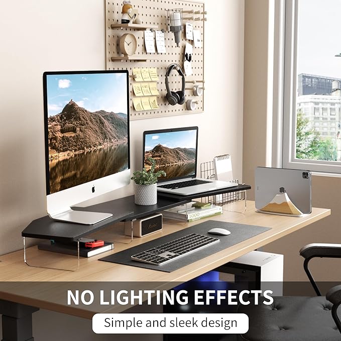 LED Dual Monitor Stand Riser for 2 Monitors, Office Desktop Wooden Stand Adjustable Length and Angle 3 Shelf, Extra Long Multifunctional Stand up to 44.4" for Computer, Laptop, TV, Black