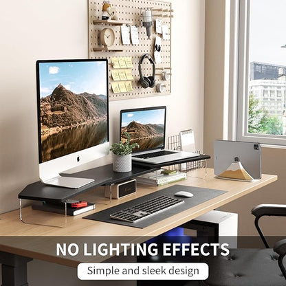 LED Dual Monitor Stand Riser for 2 Monitors, Office Desktop Wooden Stand Adjustable Length and Angle 3 Shelf, Extra Long Multifunctional Stand up to 44.4" for Computer, Laptop, TV, Black