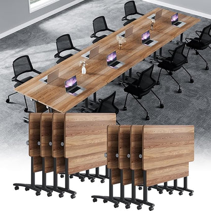 Conference Table, Foldable Conference Room Tables with Silent Wheels, Folding Modular Seminar Meeting Tables, Modern Rectangle Training Table for Office, Boardroom (8, Wood, 55.1)