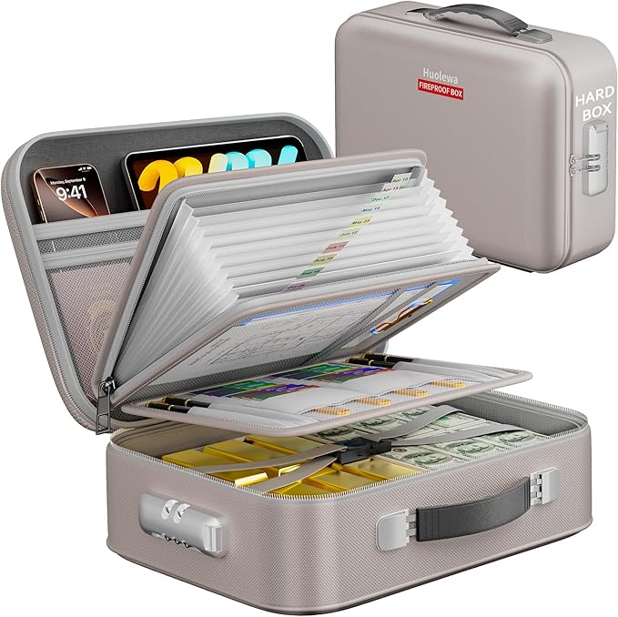 Fireproof Document Box, Hard Case Fireproof Box with Lock, Portable Hard-Shell Fireproof Water Resistant Document Safe for Important Documents, Laptops, Passports, Files and More (Gray)