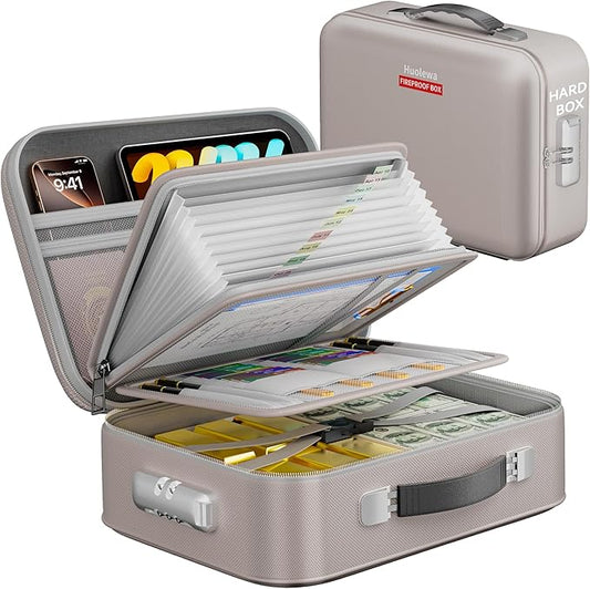 Fireproof Document Box, Hard Case Fireproof Box with Lock, Portable Hard-Shell Fireproof Water Resistant Document Safe for Important Documents, Laptops, Passports, Files and More (Gray)