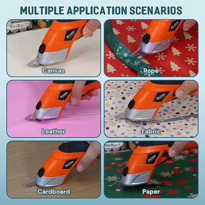 VLOXO Cordless Electric Scissors, Cardboard Cutter Electric Fabric Scissors Box Cutter with Blades Rechargeable Powerful Fabric Cutter for Crafts Leather Carboard Carpet Plastic Felt with Case Orange