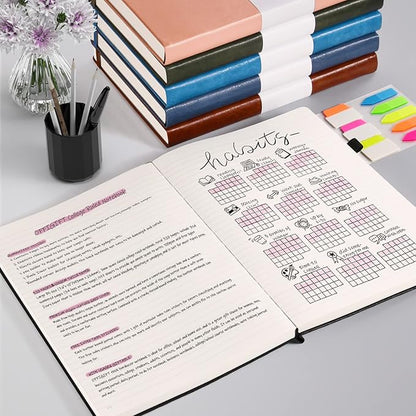 College Ruled Notebook, Large B5 Lined Journal Notebook, 314 Numbered Pages Work Notebook with Index Stickers, 100gsm Paper, Hardcover Vegan Leather Journal for Women Men School Office, Grey Blue
