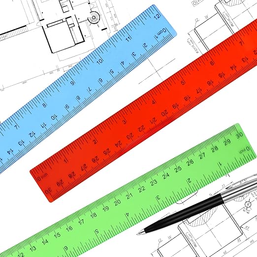 Clear Plastic Ruler 12 Inch Straight Rulers, Bulk Assorted Colors, Shatterproof Ruler with Inches and Centimeters for School Classroom, Home, or Office (8 Pack)
